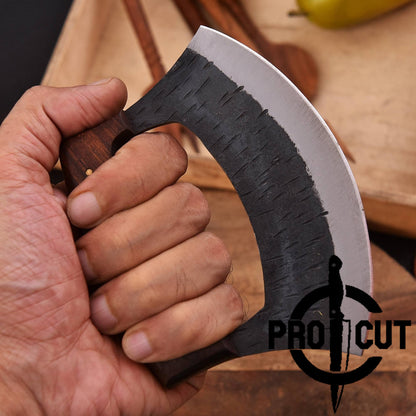 Pro Cut Shadow Wave - Hand Forged D2 Steel Ulu Knife with Rosewood & Turquoise Resin Handle
