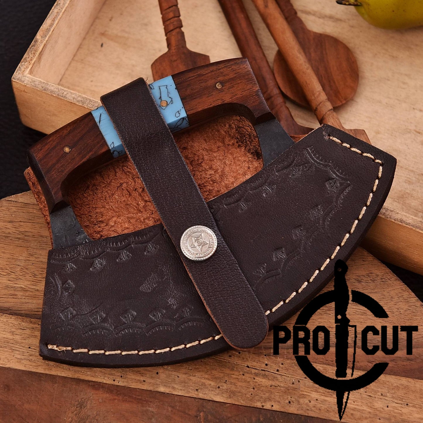 Pro Cut Shadow Wave - Hand Forged D2 Steel Ulu Knife with Rosewood & Turquoise Resin Handle