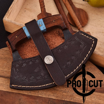 Pro Cut Shadow Wave - Hand Forged D2 Steel Ulu Knife with Rosewood & Turquoise Resin Handle