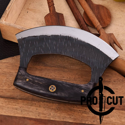 Pro Cut Shadow Wave - Hand Forged D2 Steel Ulu Knife with Black Wood Handle