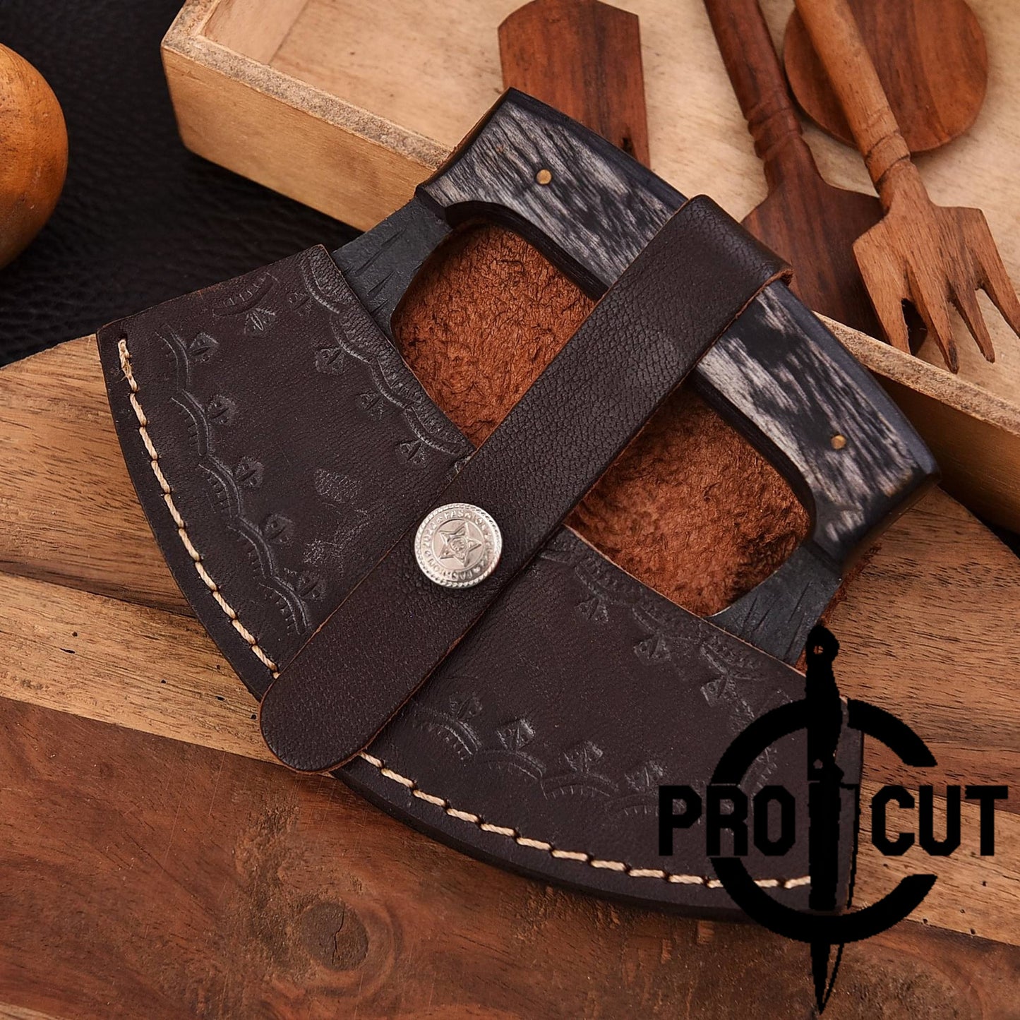 Pro Cut Shadow Wave - Hand Forged D2 Steel Ulu Knife with Black Wood Handle