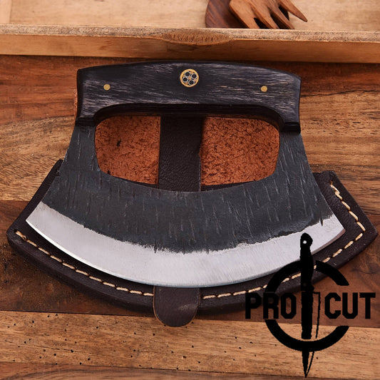 Pro Cut Shadow Wave - Hand Forged D2 Steel Ulu Knife with Black Wood Handle
