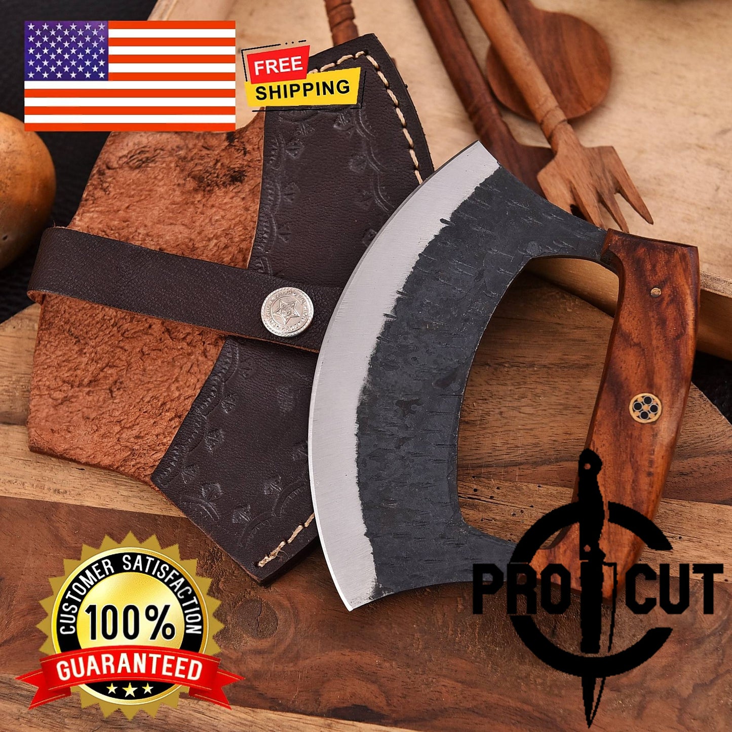 Pro Cut Shadow Wave - Hand Forged D2 Steel Ulu Knife with Rosewood Handle