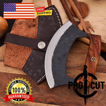 Pro Cut Shadow Wave - Hand Forged D2 Steel Ulu Knife with Rosewood Handle