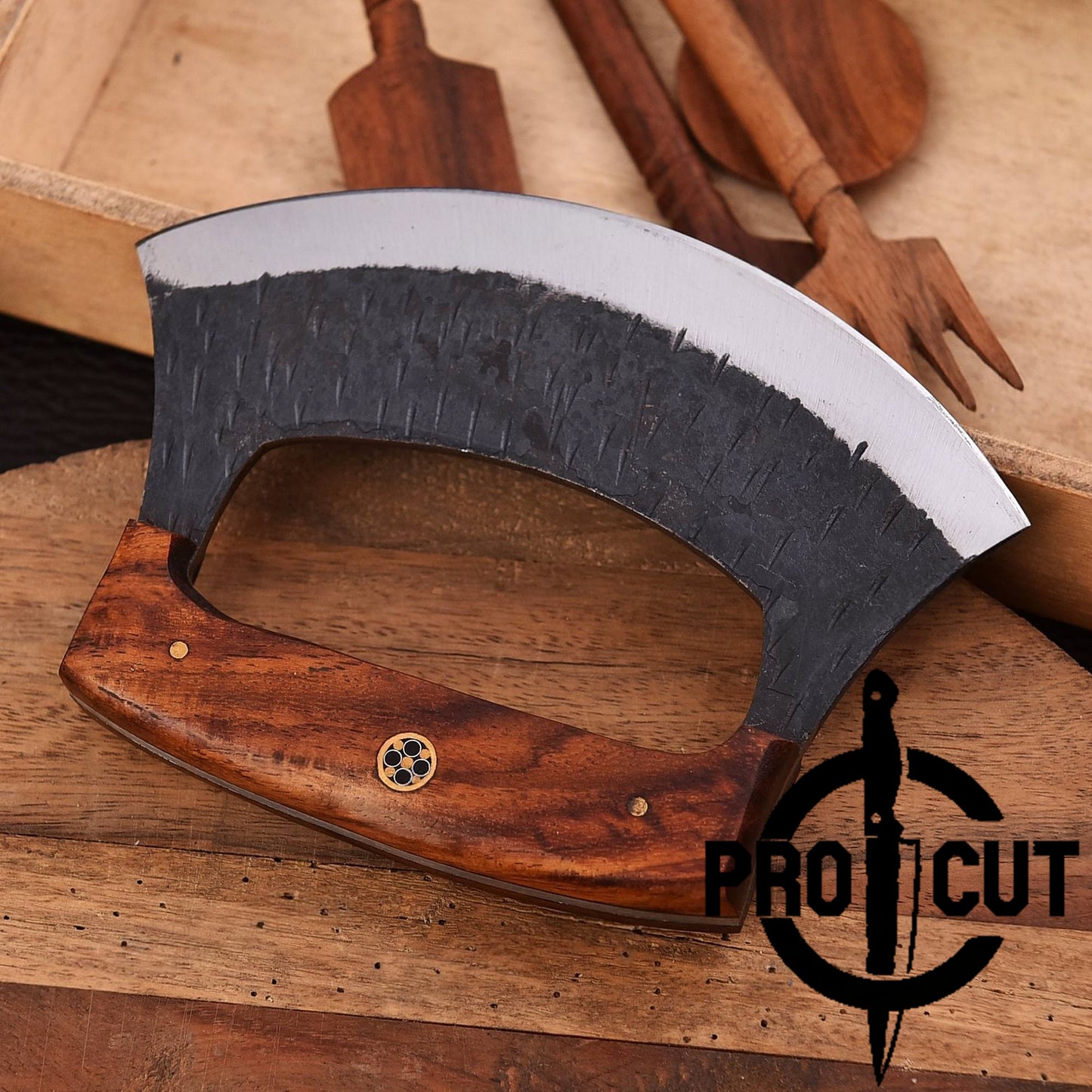 Pro Cut Shadow Wave - Hand Forged D2 Steel Ulu Knife with Rosewood Handle