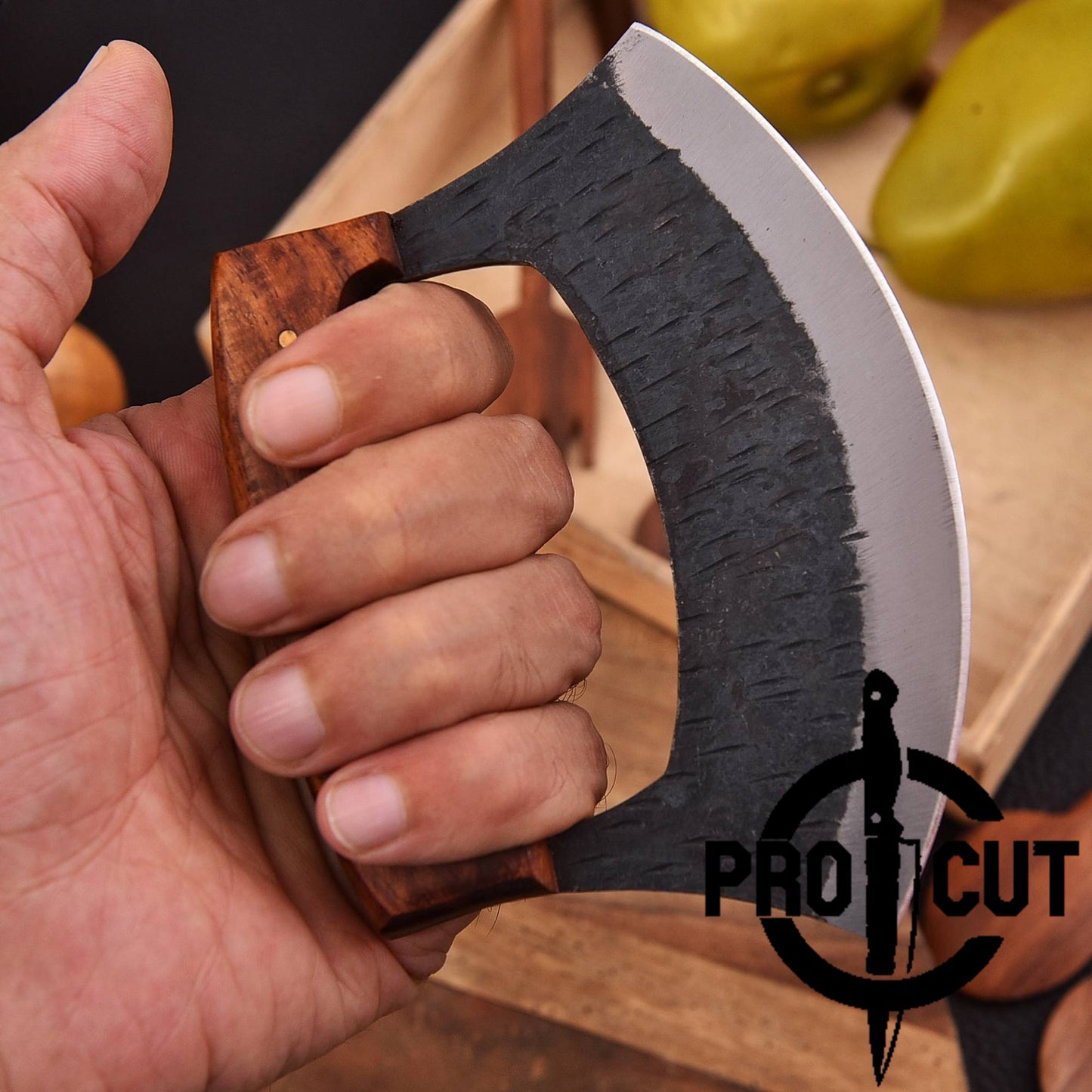 Pro Cut Shadow Wave - Hand Forged D2 Steel Ulu Knife with Rosewood Handle