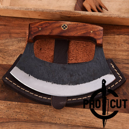 Pro Cut Shadow Wave - Hand Forged D2 Steel Ulu Knife with Rosewood Handle