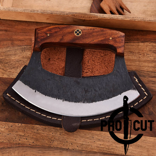 Pro Cut Shadow Wave - Hand Forged D2 Steel Ulu Knife with Rosewood Handle