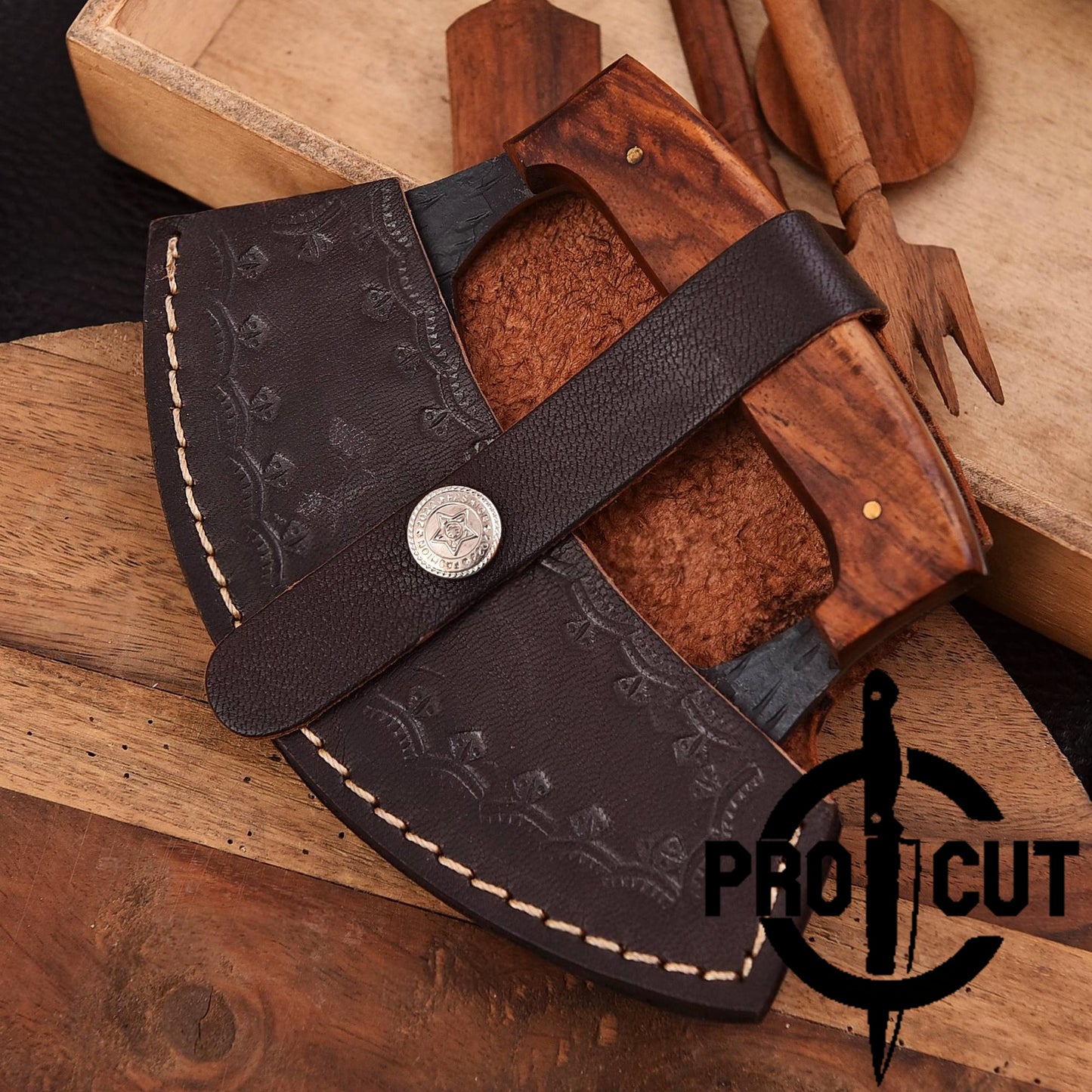 Pro Cut Shadow Wave - Hand Forged D2 Steel Ulu Knife with Rosewood Handle