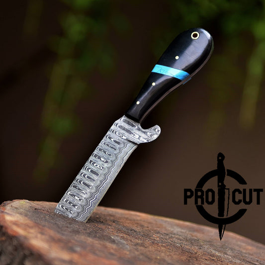 Pro Cut Handmade Damascus Steel Fixed Blade Cowboy Bull Cutter Knife with Pancake Sheath