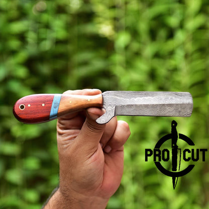 Pro Cut Damascus Steel Fixed Blade Bull Cutter Rasp Knife with Pancake Sheath, Full Tang Hunting Knife