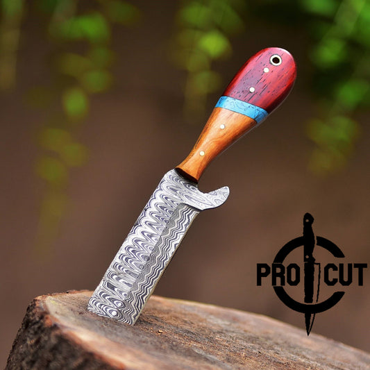 Pro Cut Damascus Steel Fixed Blade Bull Cutter Rasp Knife with Pancake Sheath, Full Tang Hunting Knife