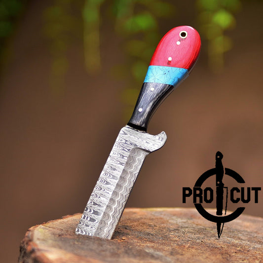 Pro Cut Damascus Steel Hand Forged Fixed Blade Cowboy Bull Cutter Knife With Horizontal Carry Sheath