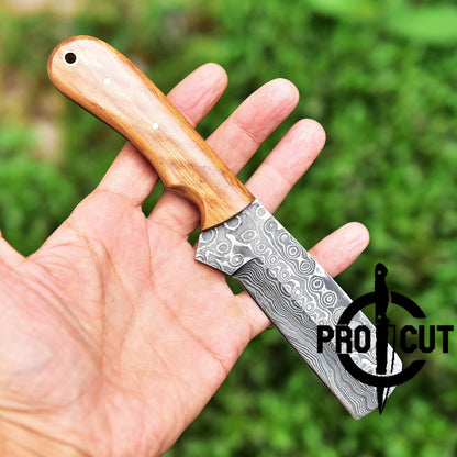 Pro Cut Damascus Steel Cowboy Bull Cutter with Olive Burl Handle & Horizontal Carry Sheath