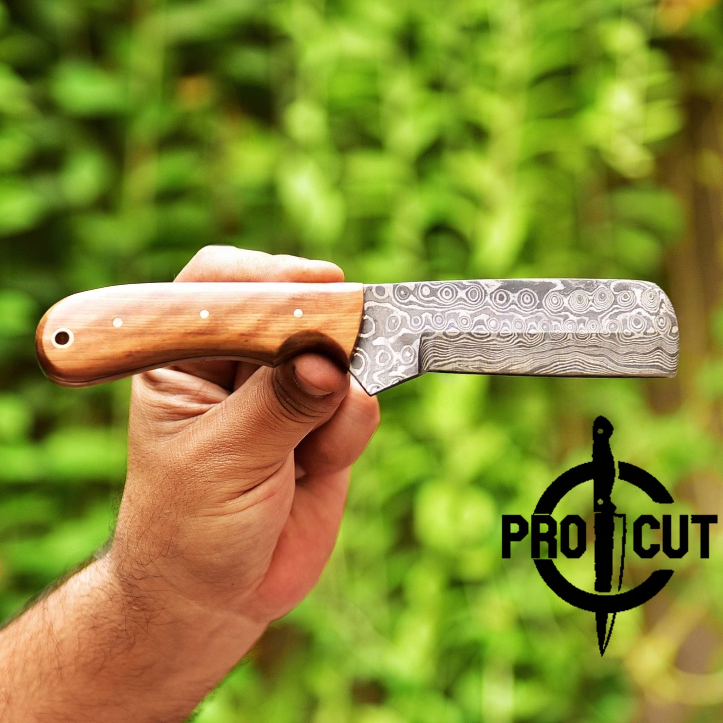 Pro Cut Damascus Steel Cowboy Bull Cutter with Olive Burl Handle & Horizontal Carry Sheath