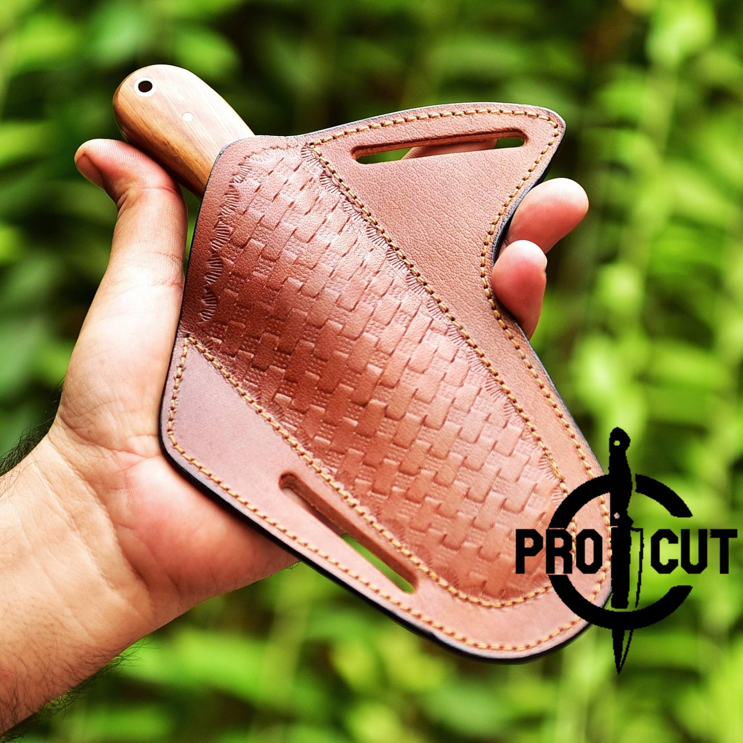 Pro Cut Damascus Steel Cowboy Bull Cutter with Olive Burl Handle & Horizontal Carry Sheath