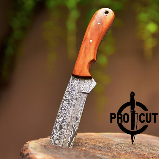Pro Cut Damascus Steel Cowboy Bull Cutter with Olive Burl Handle & Horizontal Carry Sheath