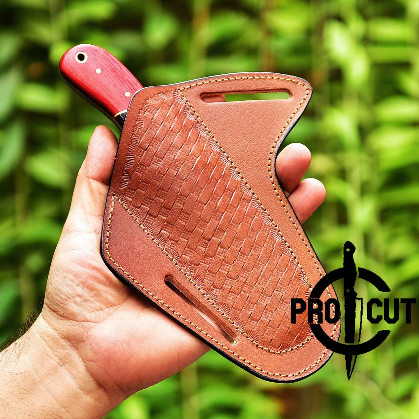 Pro Cut Cowboy Rasp Bull Cutter Knife with Black & Red Wooden Handle, Pancake Horizontal Sheath