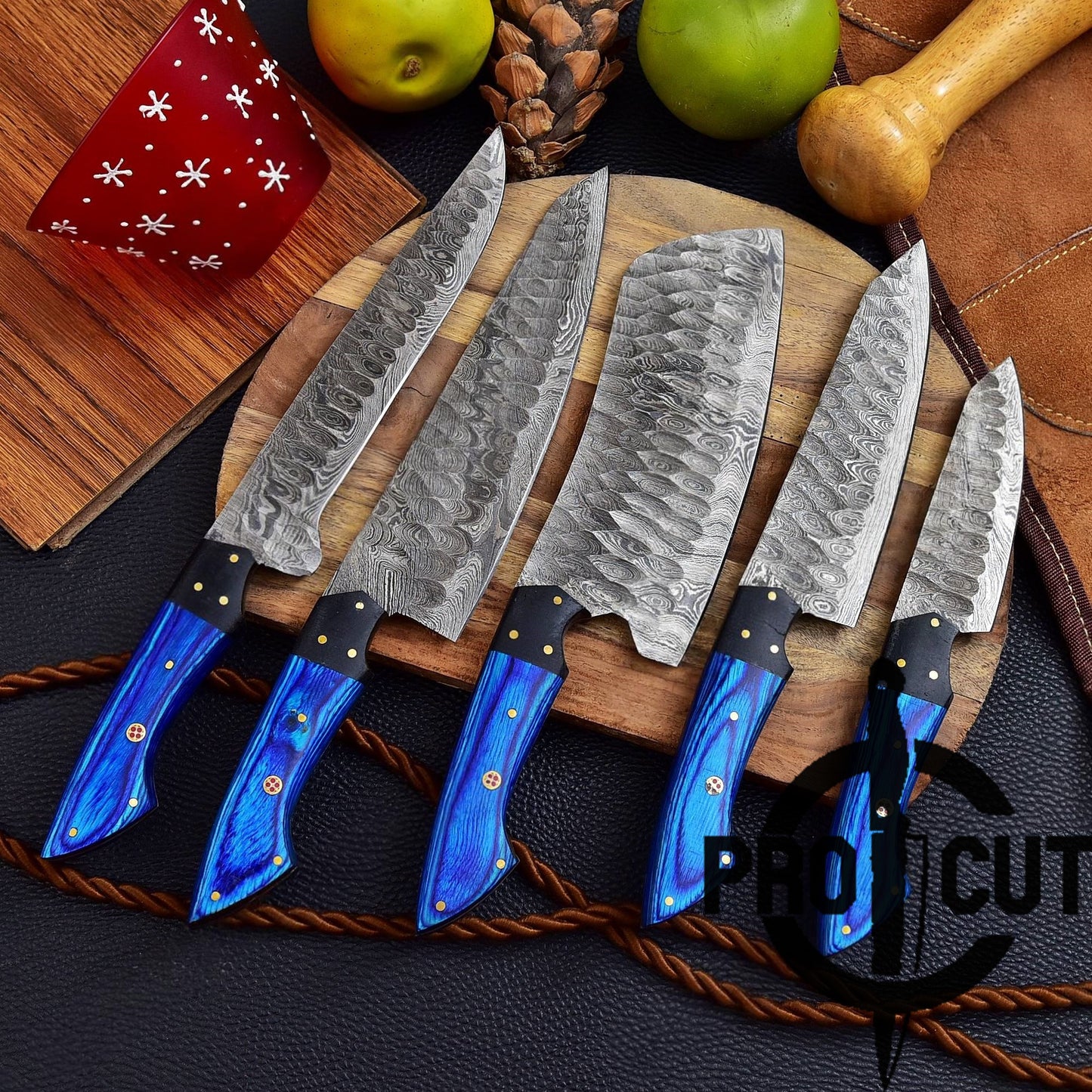 Pro Cut Forge Heart Damascus Steel Chef Set - Blue Wood Handle