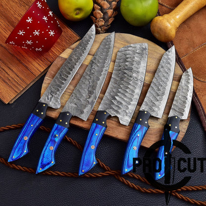Pro Cut Forge Heart Damascus Steel Chef Set - Blue Wood Handle
