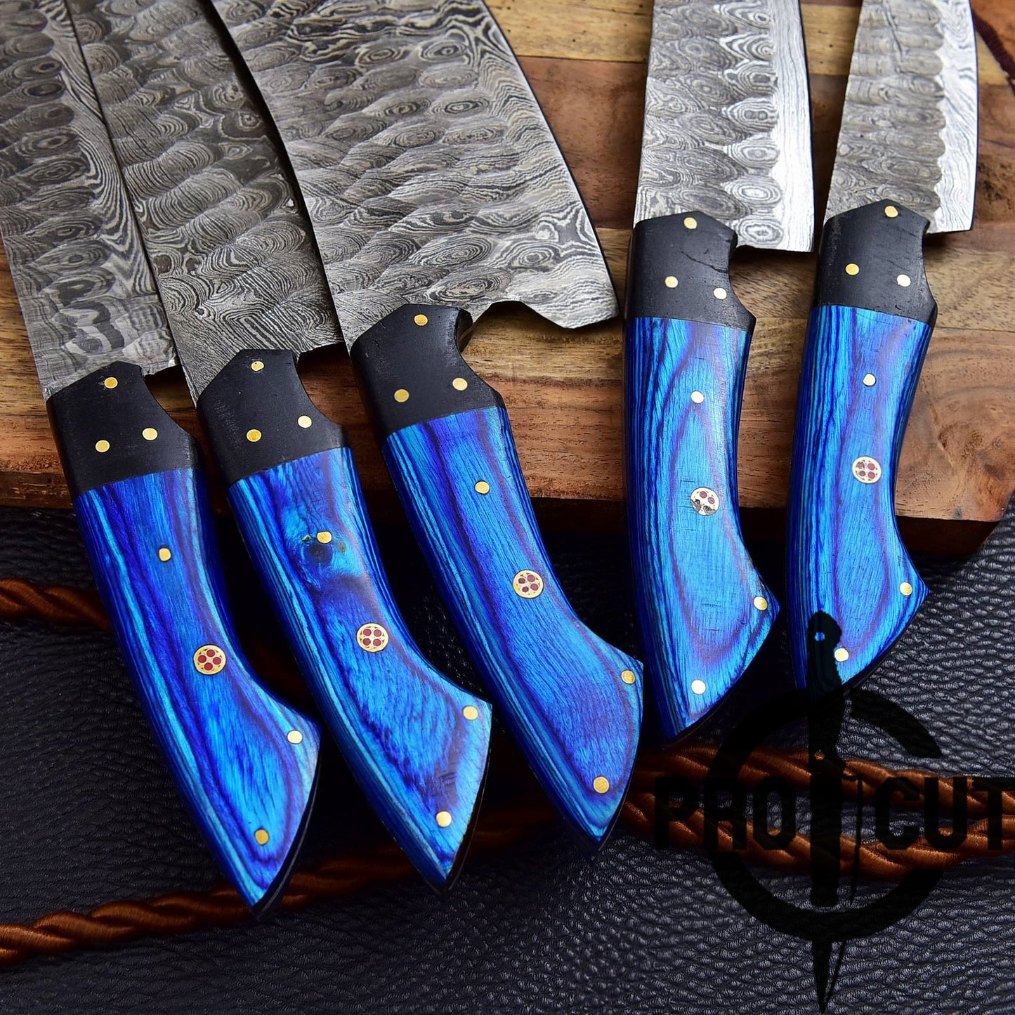 Pro Cut Forge Heart Damascus Steel Chef Set - Blue Wood Handle