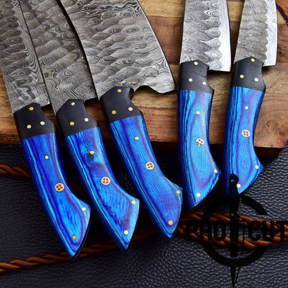 Pro Cut Forge Heart Damascus Steel Chef Set - Blue Wood Handle