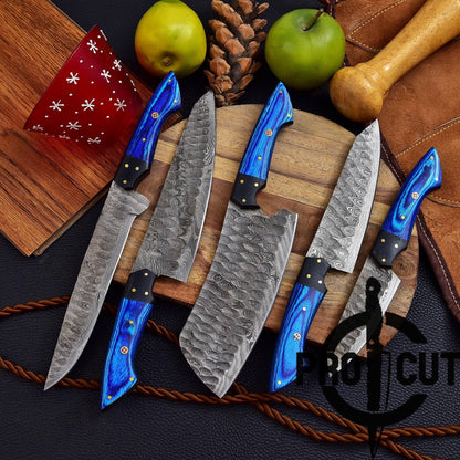 Pro Cut Forge Heart Damascus Steel Chef Set - Blue Wood Handle