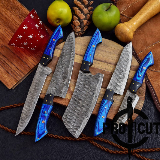 Pro Cut Forge Heart Damascus Steel Chef Set - Blue Wood Handle