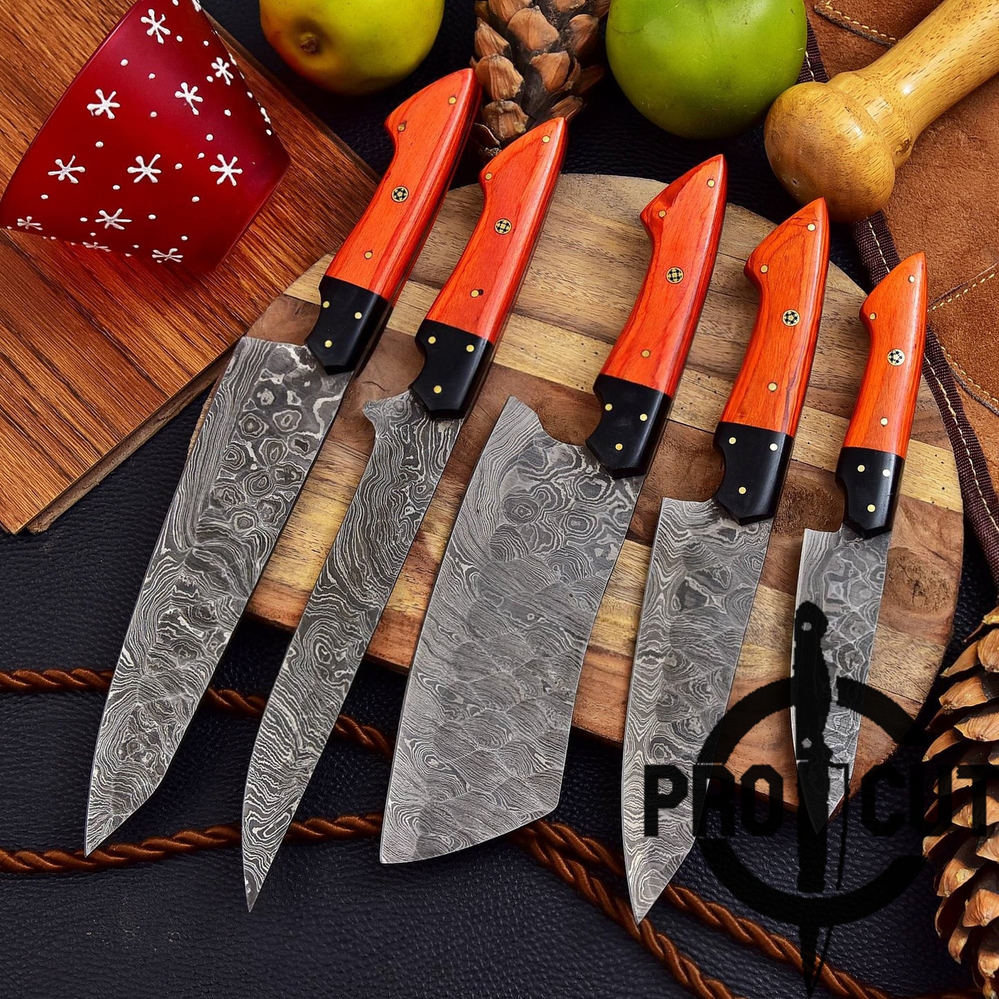 Pro Cut Forge Heart Damascus Steel Chef Set - Orange Wood Handle