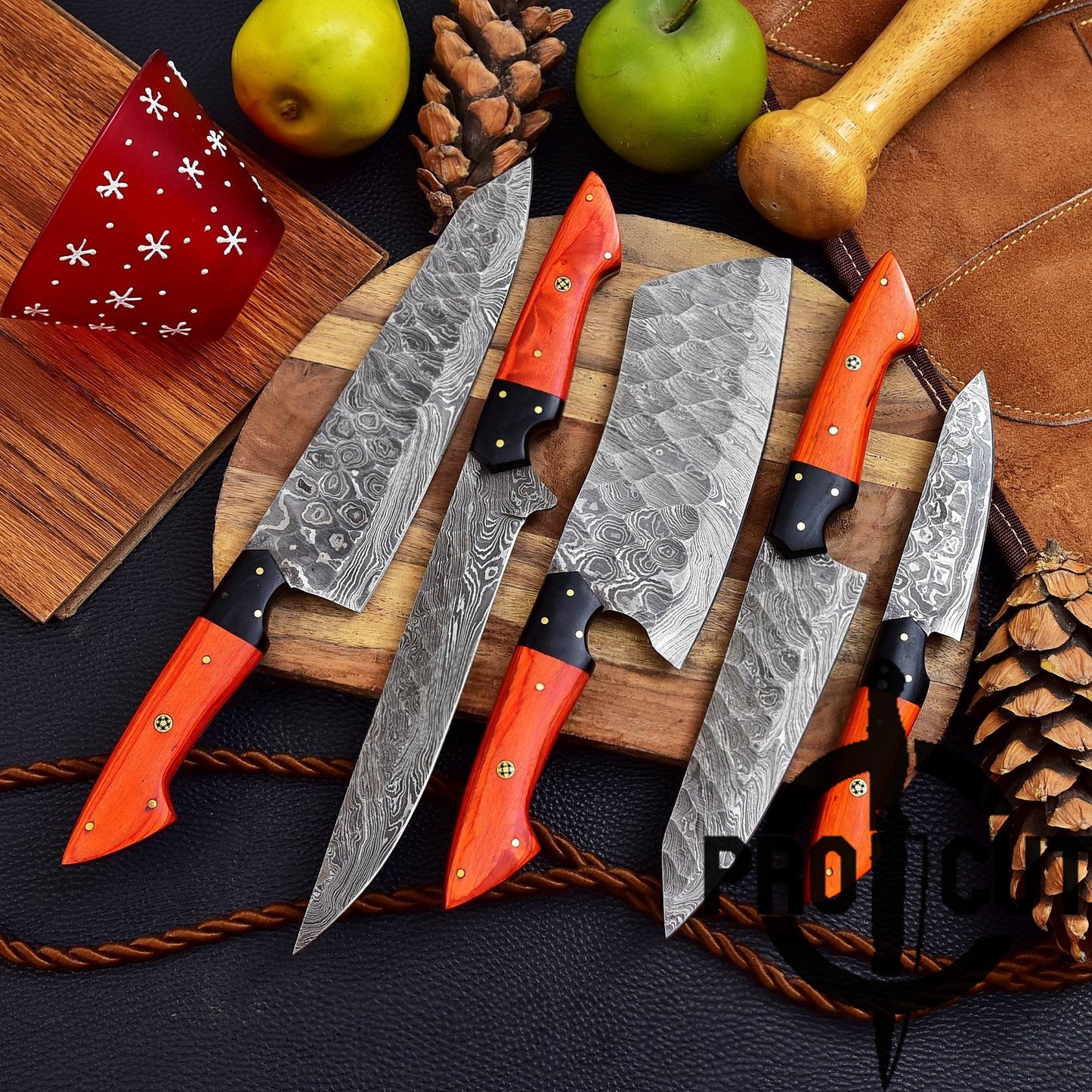 Pro Cut Forge Heart Damascus Steel Chef Set - Orange Wood Handle