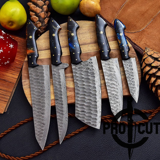 Pro Cut Forge Heart Damascus Steel Chef Set - Brown Epoxy Resin Handle