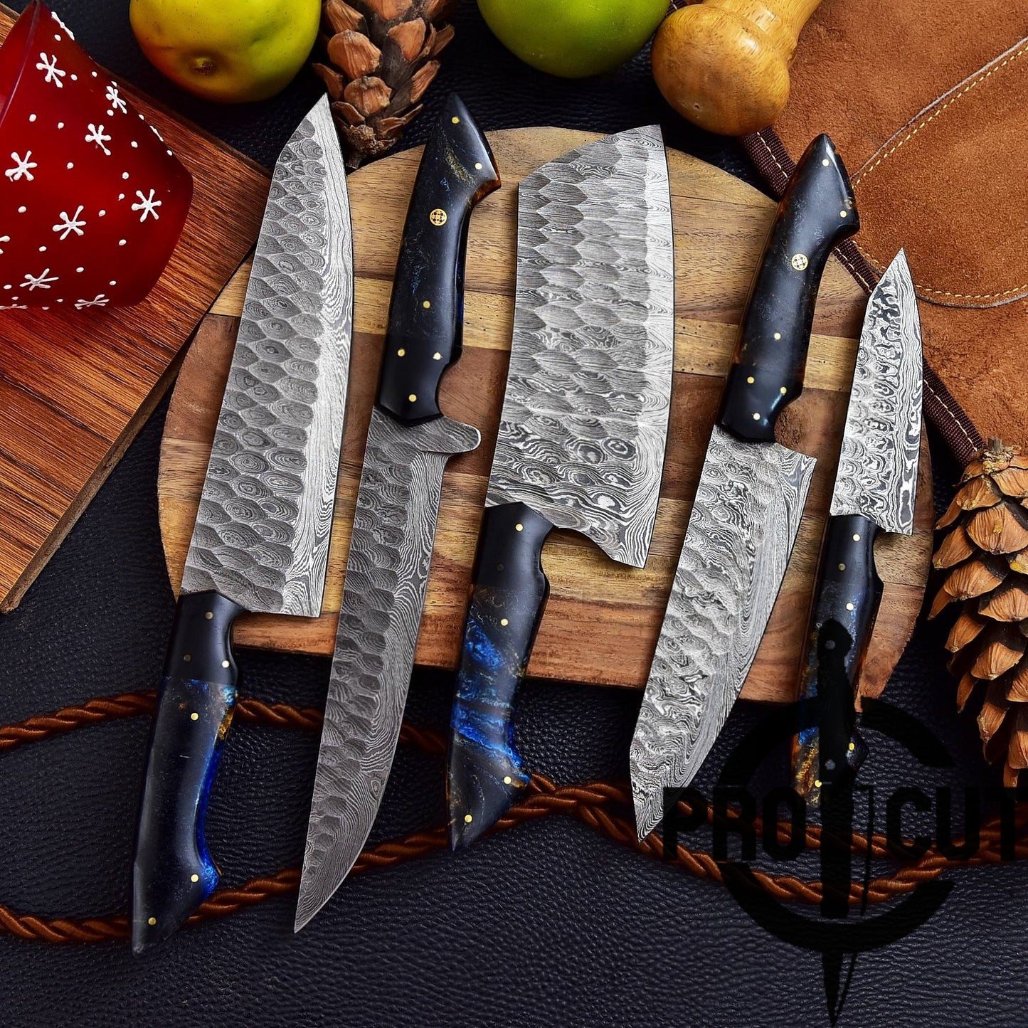 Pro Cut Forge Heart Damascus Steel Chef Set - Brown Epoxy Resin Handle