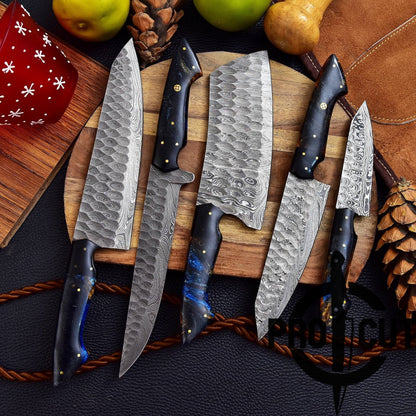 Pro Cut Forge Heart Damascus Steel Chef Set - Brown Epoxy Resin Handle
