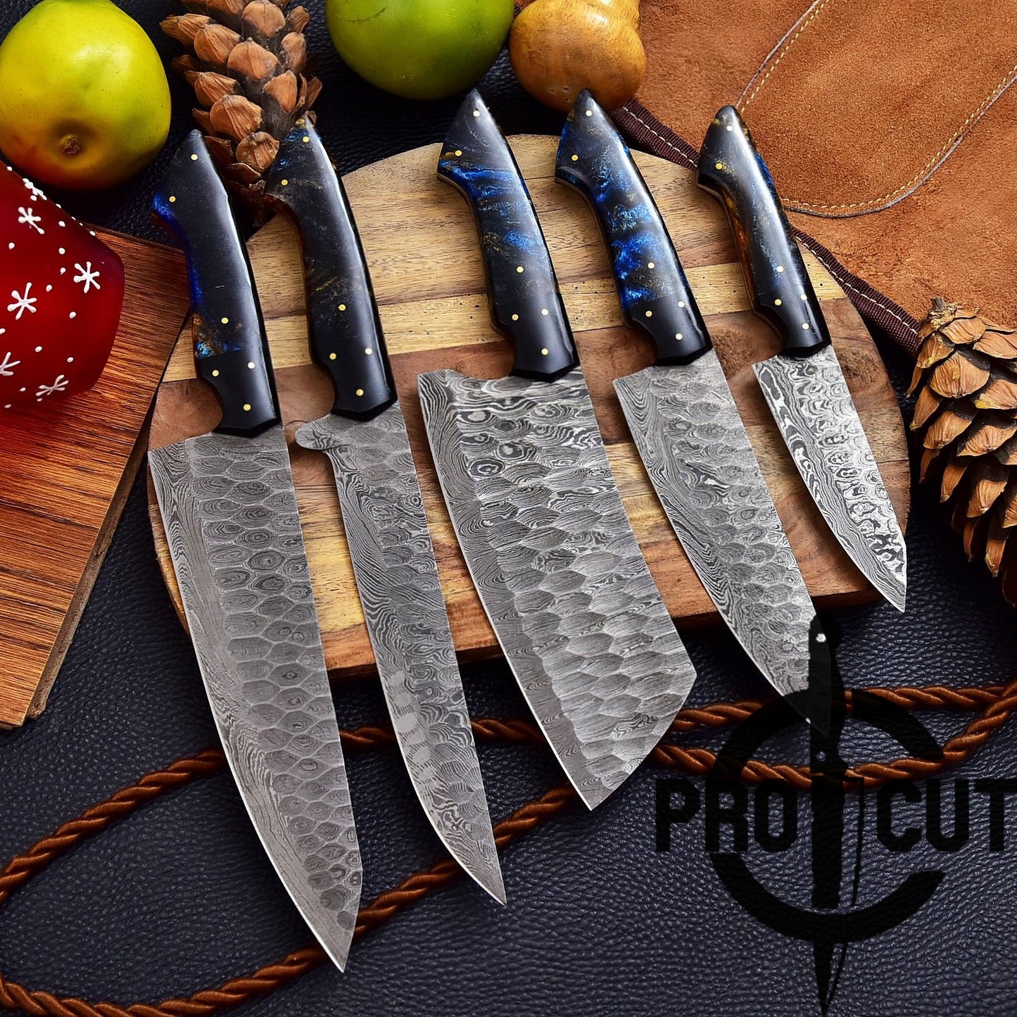Pro Cut Forge Heart Damascus Steel Chef Set - Brown Epoxy Resin Handle