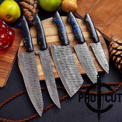 Pro Cut Forge Heart Damascus Steel Chef Set - Brown Epoxy Resin Handle