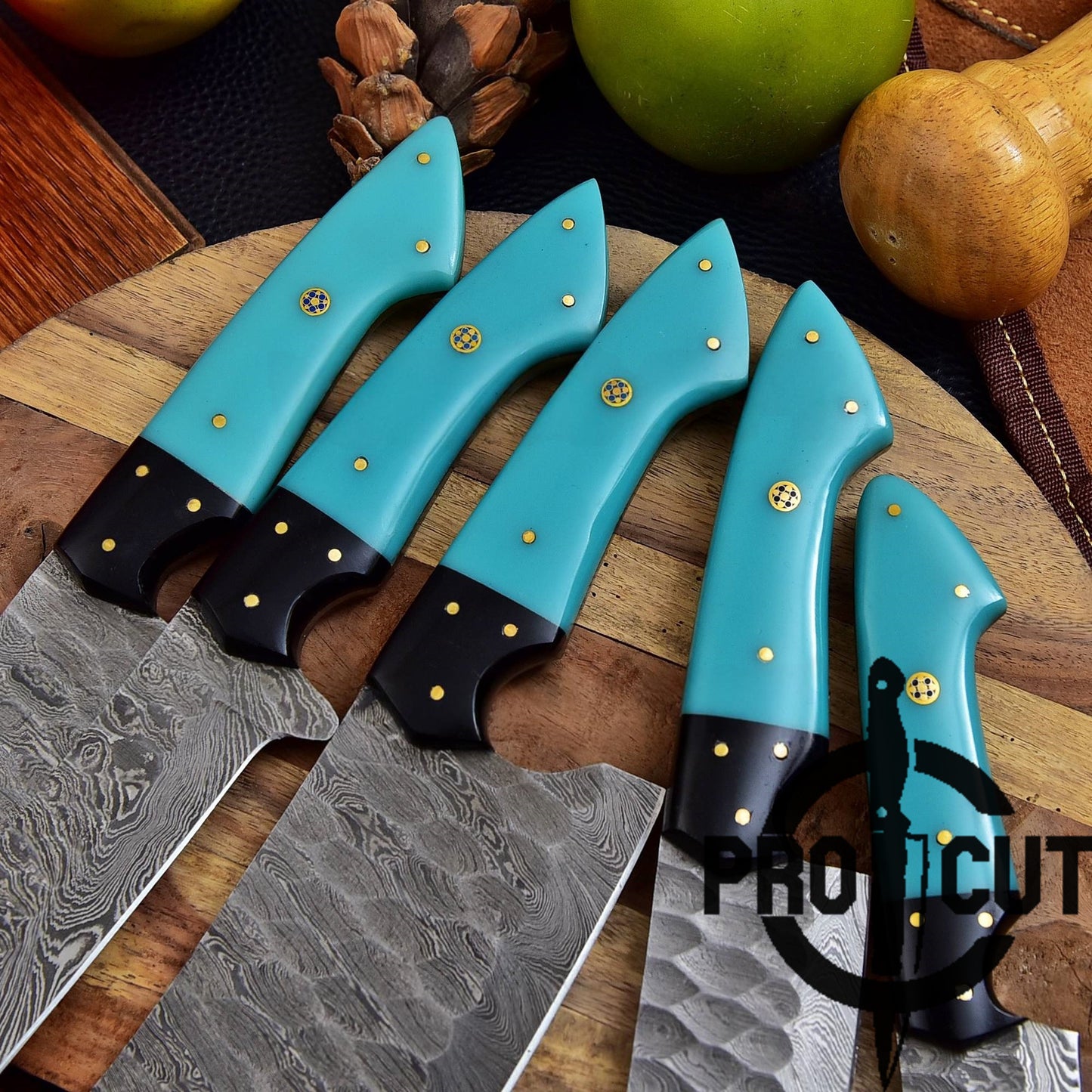 Pro Cut Forge Heart Damascus Steel Chef Set - Blue Resin Handle