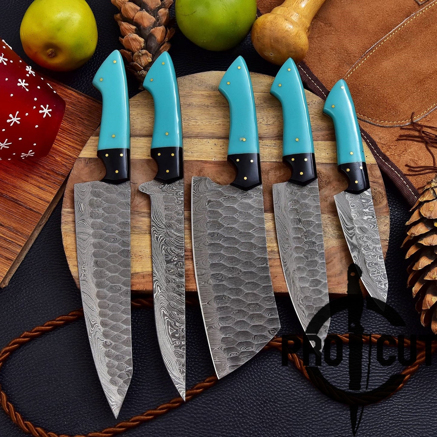 Pro Cut Forge Heart Damascus Steel Chef Set - Blue Resin Handle