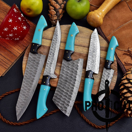 Pro Cut Forge Heart Damascus Steel Chef Set - Blue Resin Handle