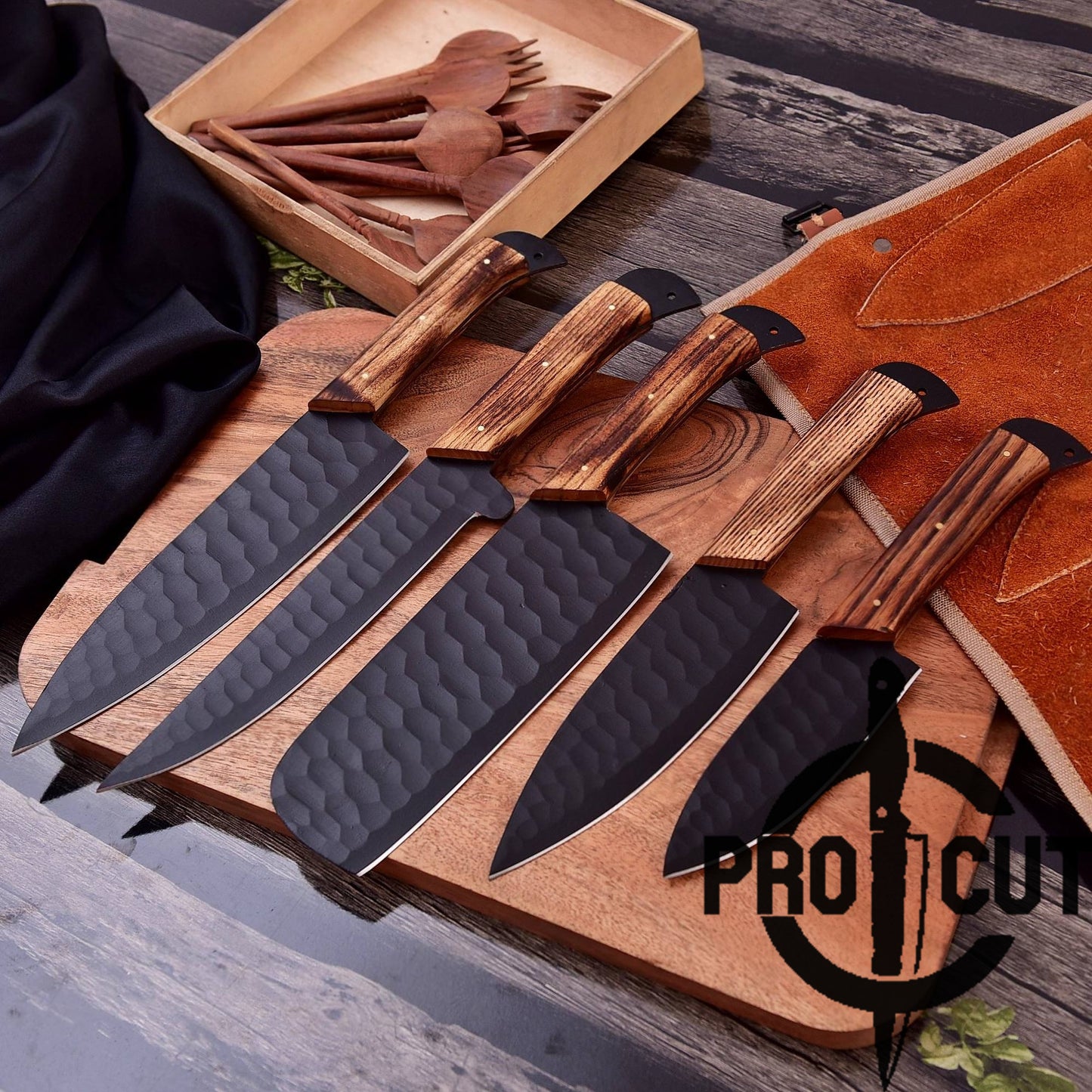 Pro Cut Obsidian Cut - Hand Forged Stainless Steel Kitchen Chef Set with Ashwood Handle