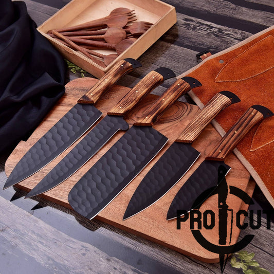 Pro Cut Obsidian Cut - Hand Forged Stainless Steel Kitchen Chef Set with Ashwood Handle