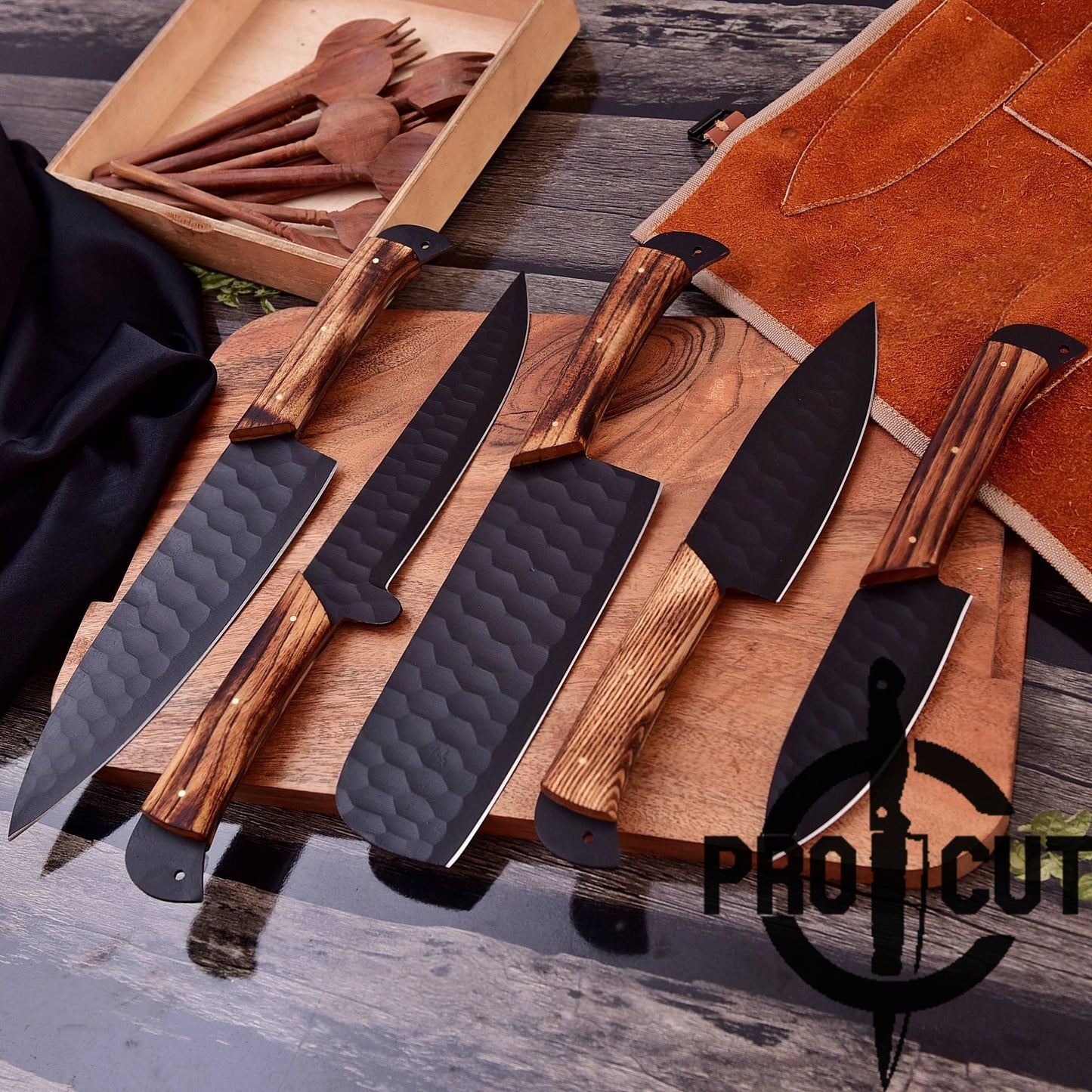 Pro Cut Obsidian Cut - Hand Forged Stainless Steel Kitchen Chef Set with Ashwood Handle