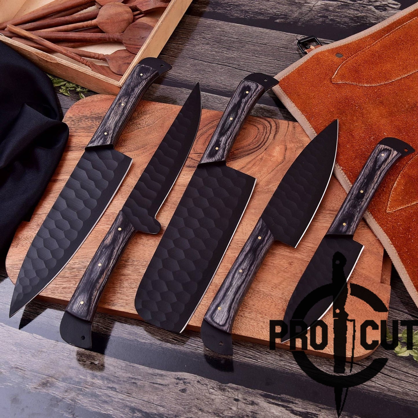 Pro Cut Obsidian Cut - Handmade Stainless Steel Kitchen Knife Set with Black Wood Handle