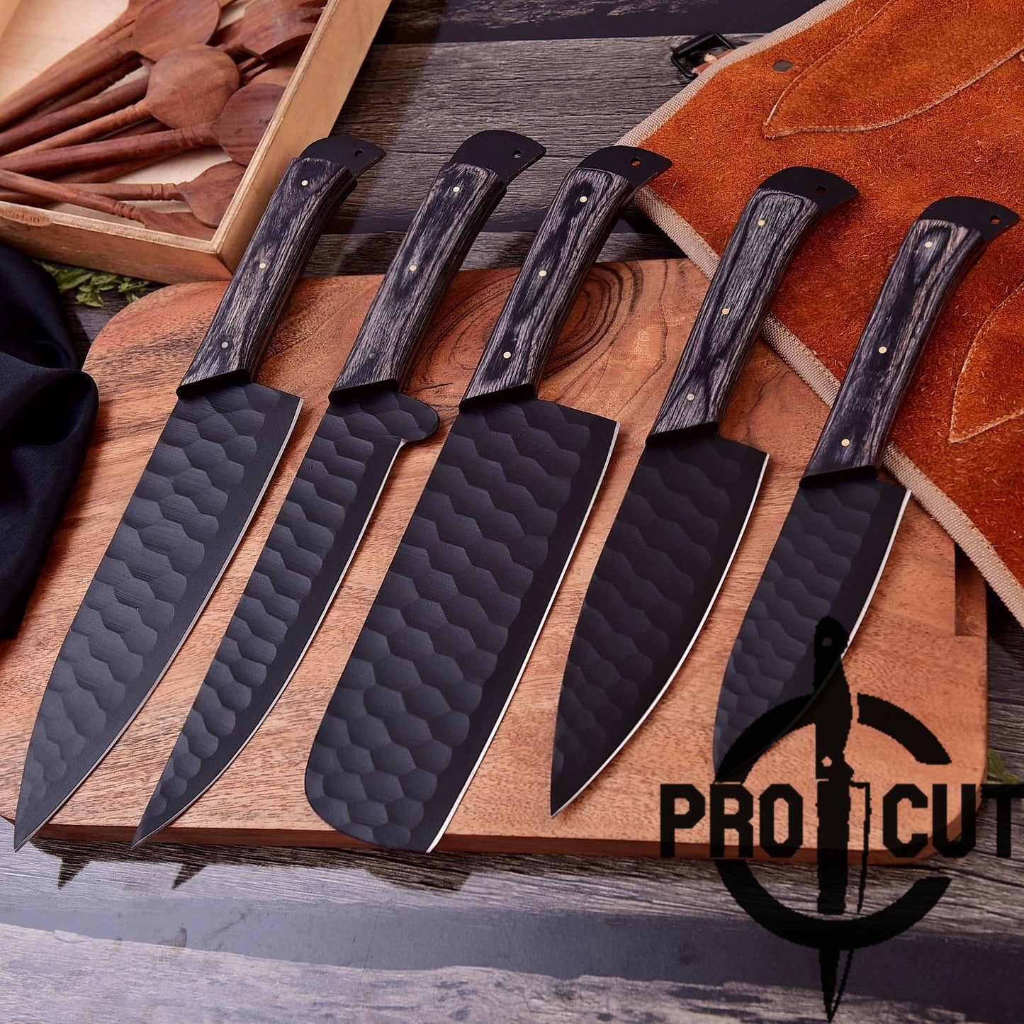 Pro Cut Obsidian Cut - Handmade Stainless Steel Kitchen Knife Set with Black Wood Handle