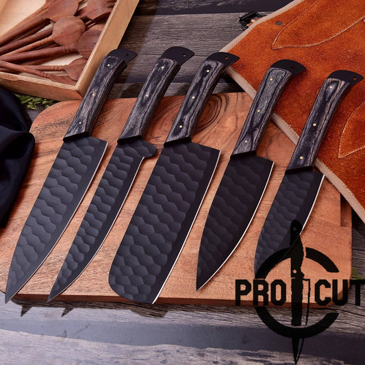 Pro Cut Obsidian Cut - Handmade Stainless Steel Kitchen Knife Set with Black Wood Handle