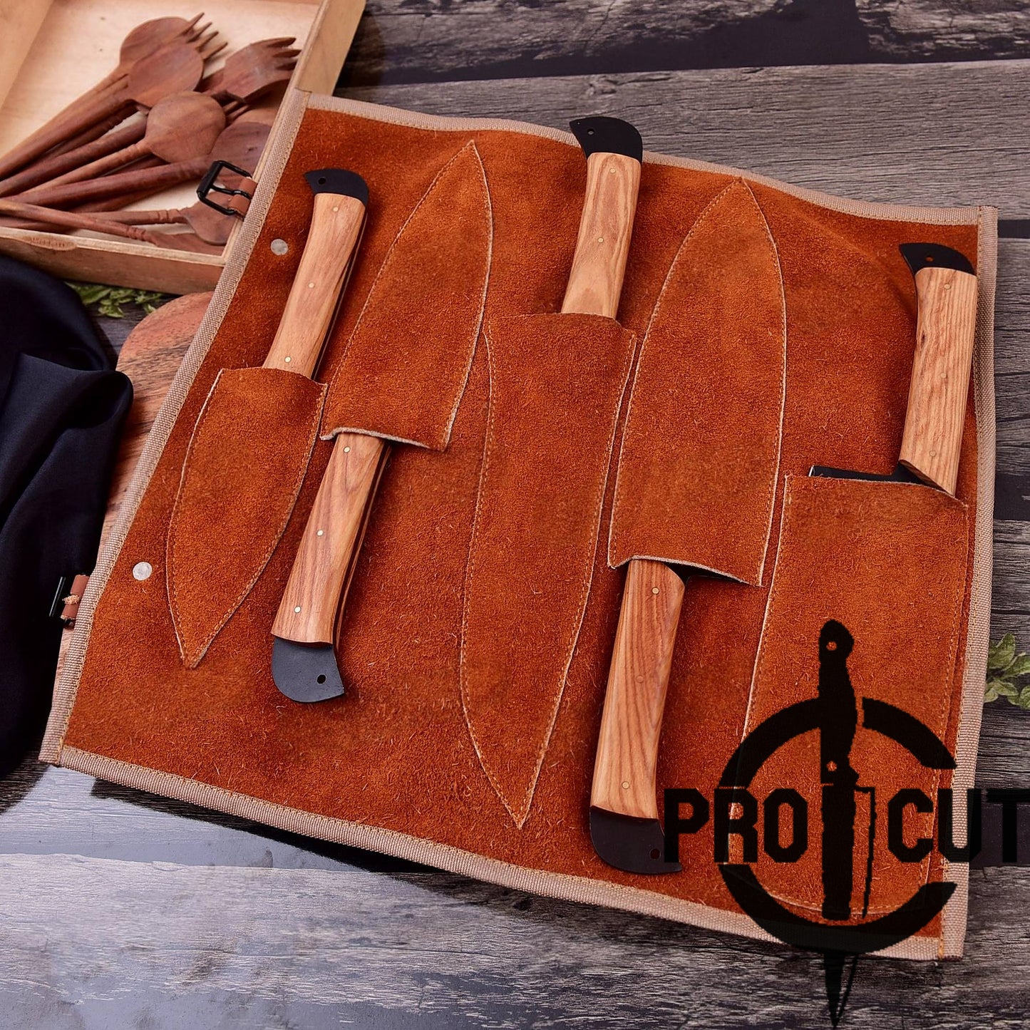Pro Cut Obsidian Cut - Hand Forged Black Kitchen Knives Set with Olive Wood Handle
