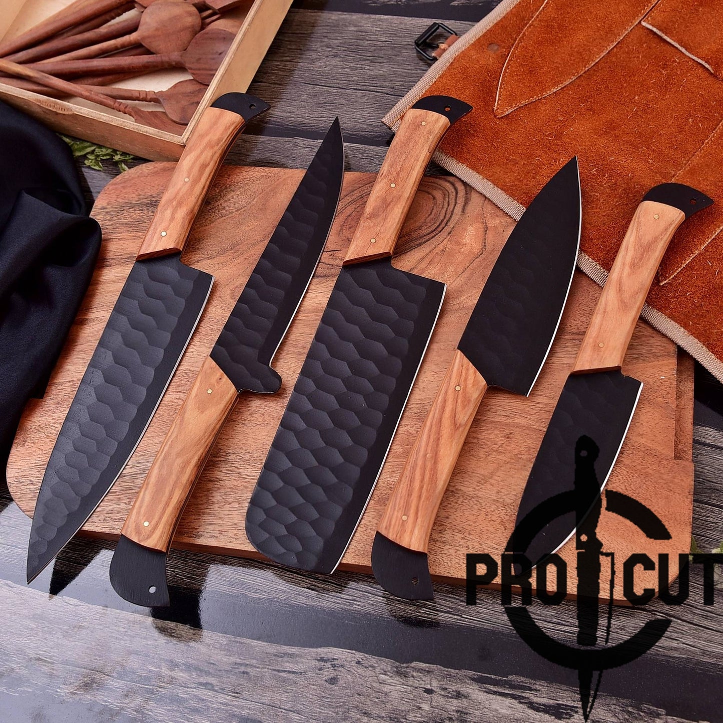 Pro Cut Obsidian Cut - Hand Forged Black Kitchen Knives Set with Olive Wood Handle