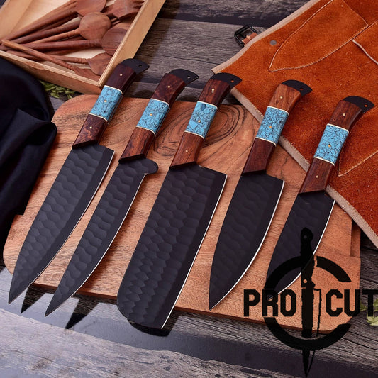 Pro Cut Obsidian Cut - Handmade Chef Set with Rosewood & Turquoise Resin Handle