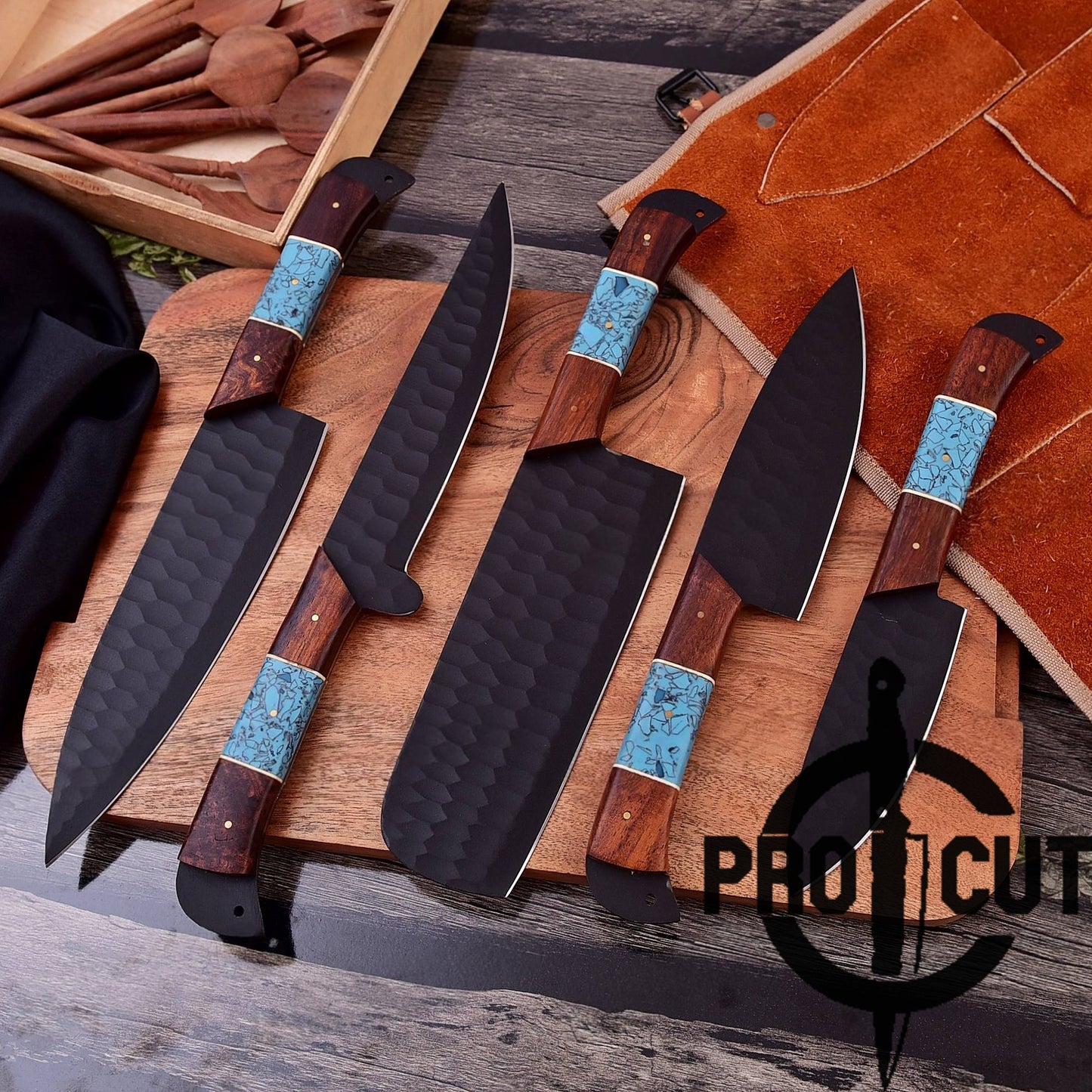 Pro Cut Obsidian Cut - Handmade Chef Set with Rosewood & Turquoise Resin Handle