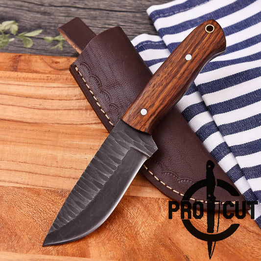 Pro Cut Acid Wash Handmade Hunting Knife with Rosewood Handle, Hand Forged Bushcraft Camping Knife