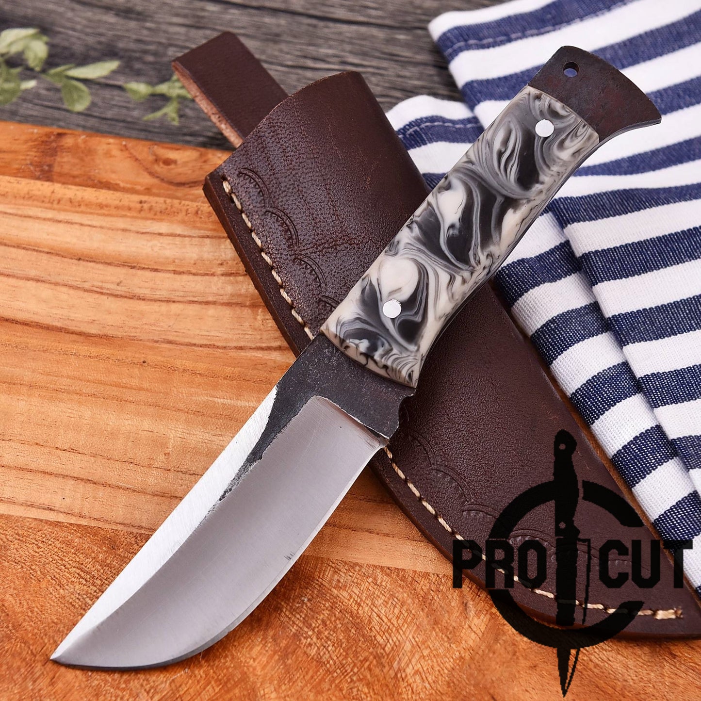 Pro Cut Hand Forged Stainless Steel Full Tang Hunting Knife with Epoxy Resin Handle & Leather Sheath